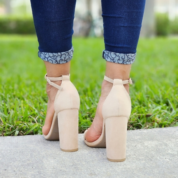 Beige Suede Ankle Strap Block Heel Dress Sandals - Picture 6 of 6